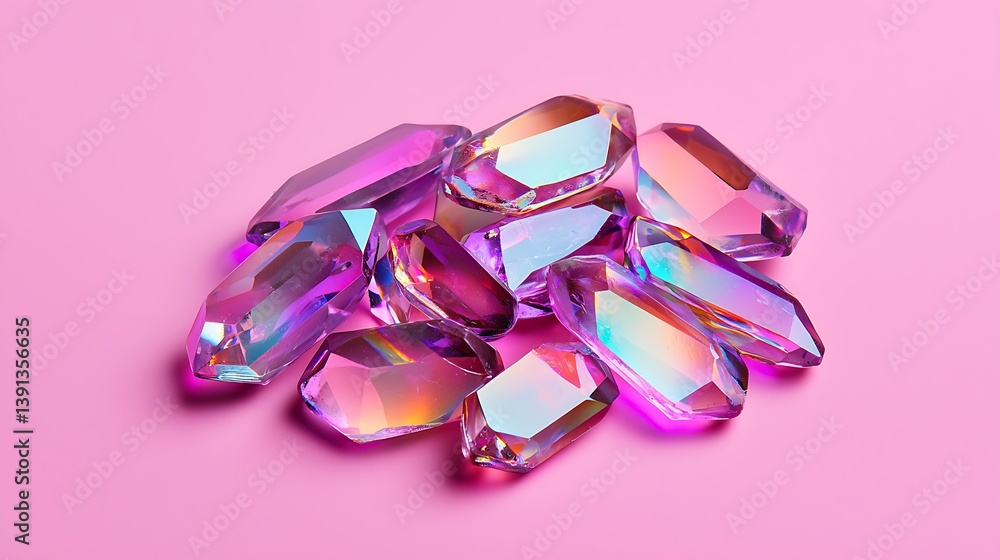 Poster a vibrant arrangement of colorful crystal-like gems resting on a pink background, reflecting light a