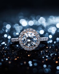 Fototapeta premium Exquisite Diamond Ring on a Sparkling Background Showcasing Luxury and Elegance in a Close Up Shot