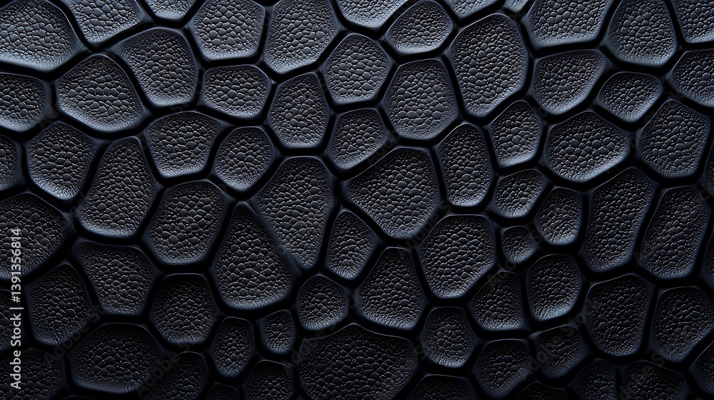 Poster a close-up texture showing geometric patterns resembling honeycomb, with a dark, textured surface an