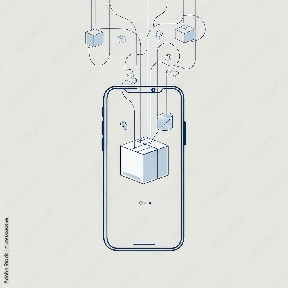 Poster continuous one line drawing package box out of smartphone screen. network marketing concept. single 