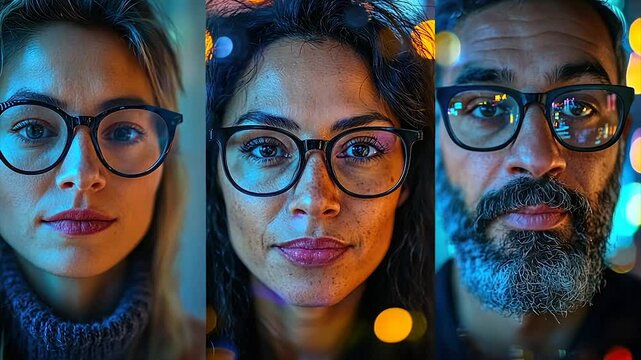 Close-up portraits of diverse adults wearing glasses, illuminated by soft bokeh lights