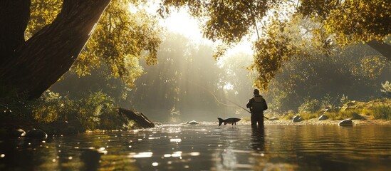 Fototapeta premium Fisherman in autumn river, sunrise, catching fish