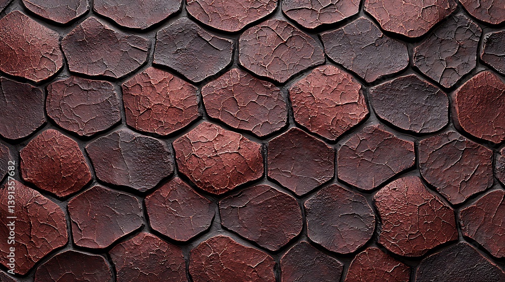 Poster a textured surface featuring hexagonal patterns in shades of red and dark gray, resembling scales or
