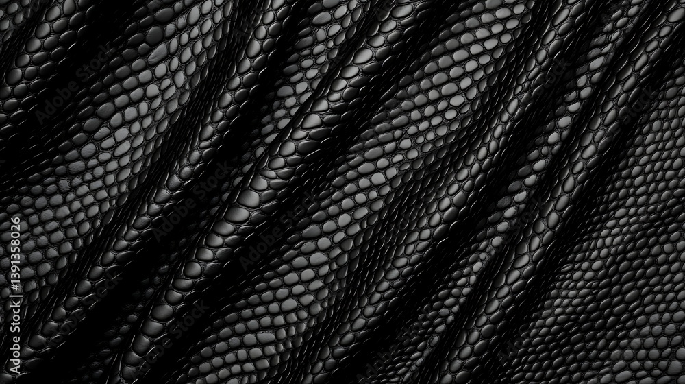 Poster a close-up view of textured black material resembling snake skin, showcasing its unique patterns and
