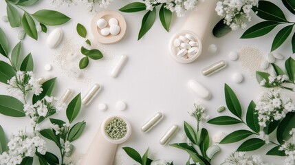Natural Wellness Products on White Background with Green Leaves