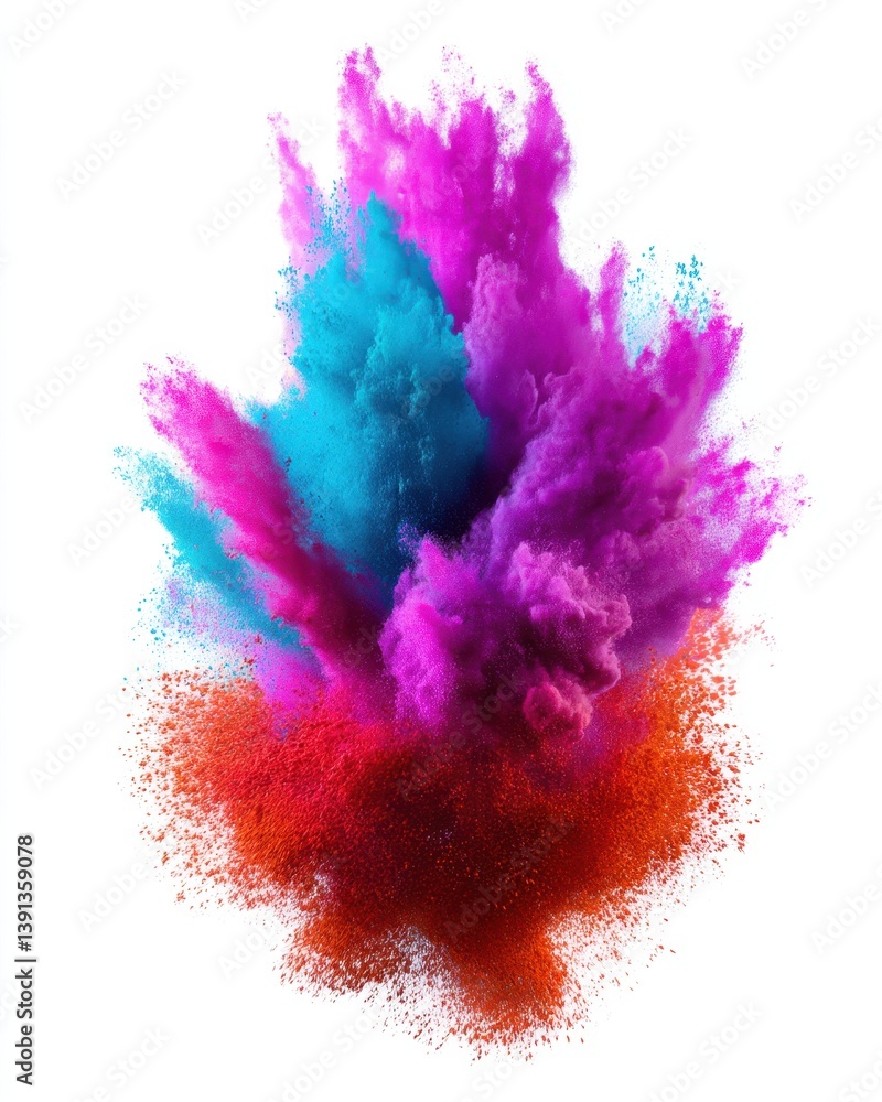 Poster vibrant explosion of colorful powder creating a mesmerizing abstract cloud on a clean white backgrou