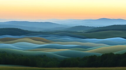 Obraz premium Serene sunrise over rolling hills and valleys.