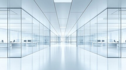Hyper-realistic depiction of a modern office interior with glass walls and desks, crafted in photorealistic painting style for design concepts.