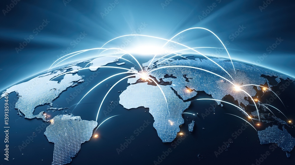 Poster a digital representation of earth interconnected by glowing lines, symbolizing global connectivity a