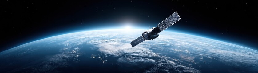 A satellite orbits Earth, capturing a breathtaking view of the planet against a backdrop of space and sunlight.