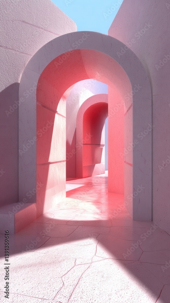 Poster pink architectural arches create a surreal perspective with light and shadow in a minimalist design 