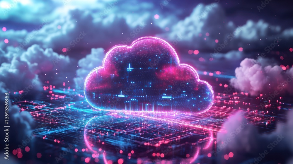 Aufkleber glowing cloud computing data network, digital sky