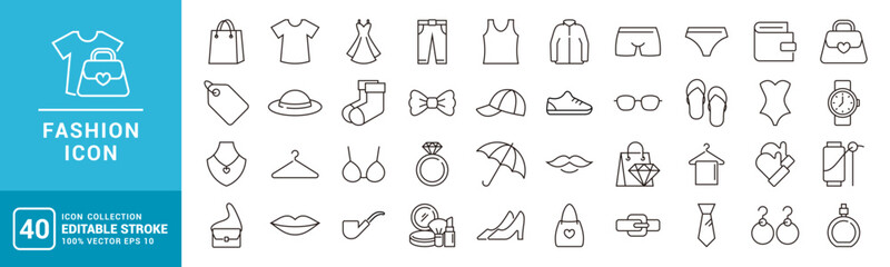 Collection of fashion icons. Women, men, clothes, perfume, jewelry. Vector template editable stroke EPS 10.