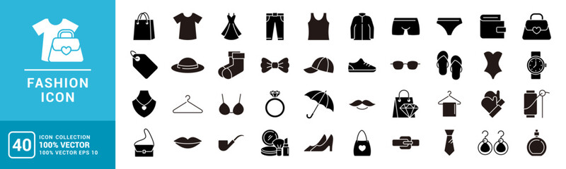 Collection of fashion icons. Women, men, clothes, perfume, jewelry. Vector design template EPS 10.