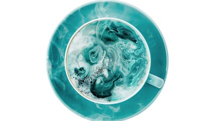 A delightful cup of cappuccino, adorned with stunning latte art, is served in a charming turquoise cup and saucer, all distinctly isolated on a clean white background, a wonderful creation by generati