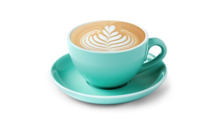 Obraz premium A delightful cup of cappuccino, adorned with stunning latte art, is served in a charming turquoise cup and saucer, all distinctly isolated on a clean white background, a wonderful creation by generati