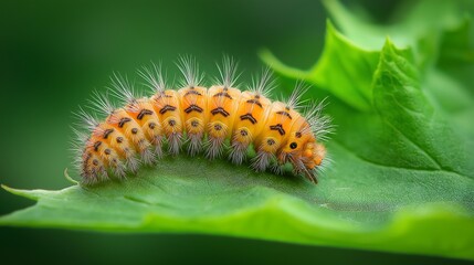 Fototapeta premium A close-up of a caterpillar’s soft fuzzy body, crawling on a fresh green leaf.