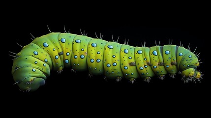 A close-up of a hornworm caterpillar displaying its vibrant green body and tiny blue dots.