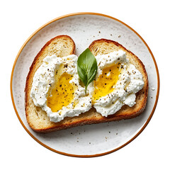 Breakfast toast with ricotta isolated on transparent  white background Png.