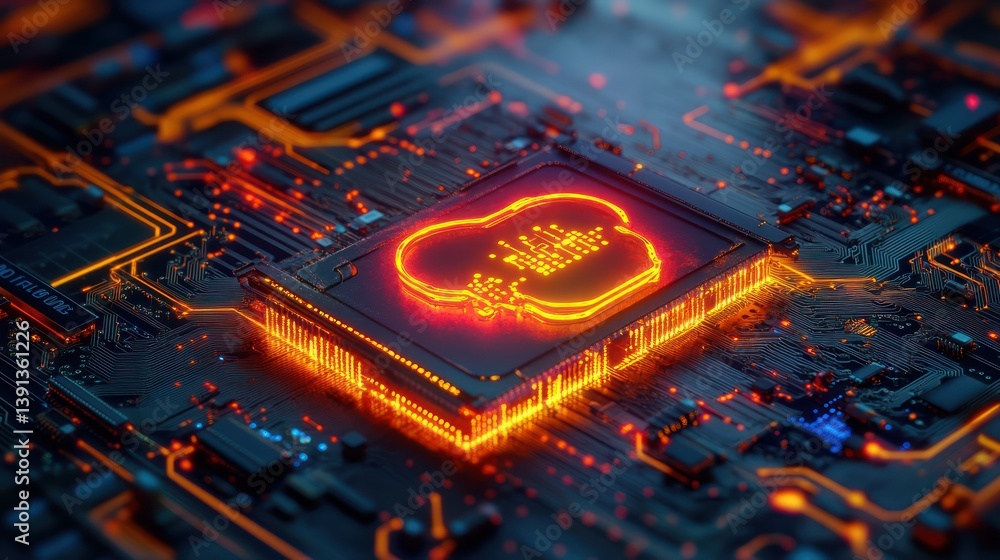 Poster glowing cloud computing chip, circuit board, digital data processing, server room background, tech c