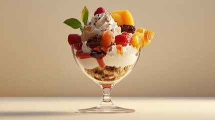 Peach, raspberry sundae dessert studio shot