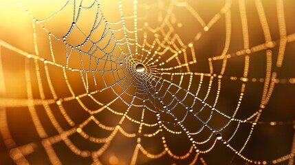 A detailed macro of a dewdrop-covered spider web in the early morning light.