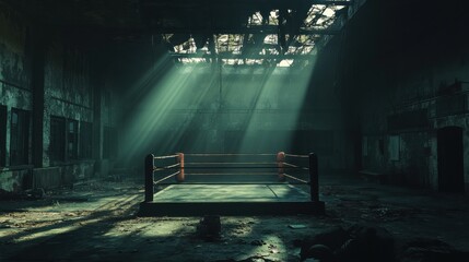 Abandoned boxing ring in an old, dark arena, surrounded by shadows 