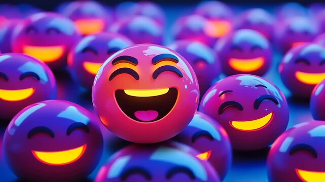 Colorful collection of glowing smiley faces on a vibrant blue background, conveying happiness