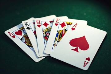 Obraz premium Playing cards arranged in a royal flush sequence , clubs, spades, flush