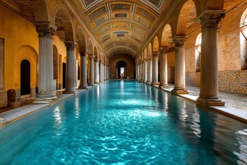 Fototapeta premium Indoor arabian bath with turquoise water reflecting columns and arches in Seville