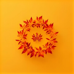 A maple leaf wreath on a yellow backdrop.