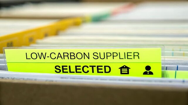 Carbon Reduction concept. A close-up of a file label reading "LOW-CARBON SUPPLIER" marked as "SELECTED," indicating organized documentation for eco-friendly suppliers.