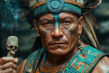 Obraz premium A powerful portrait of a tribal man adorned with traditional tattoos and attire, holding a skull, evoking a strong cultural and spiritual presence.