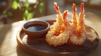 Crispy shrimp tempura, soy sauce, wooden plate, sunlight, restaurant