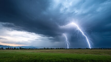 A dramatic thunderstorm scene with dark clouds and striking lightning over a green landscape.