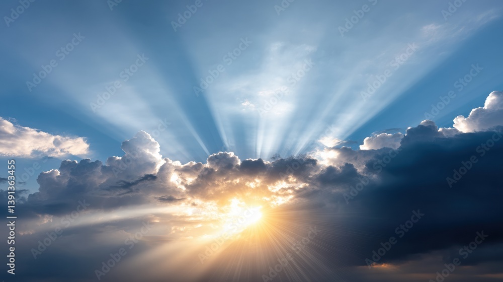 Poster a beautiful sky with rays of sunlight emerging through clouds, creating a serene and uplifting atmos