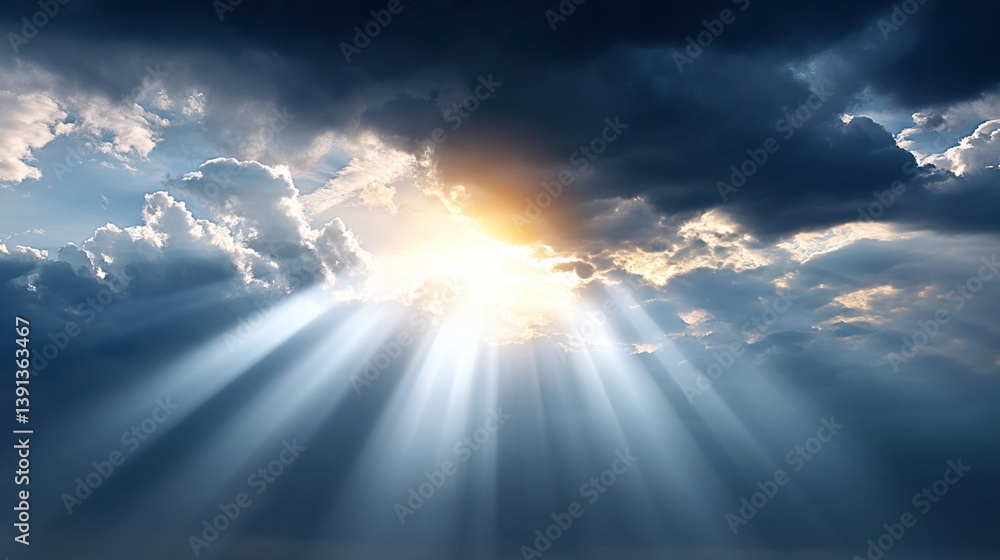 Poster a breathtaking view of sunlight breaking through dark clouds, creating a serene and dramatic atmosph