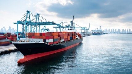 Fototapeta premium A large cargo ship loaded with colorful containers navigates a busy port, with cranes and a city skyline in the background.