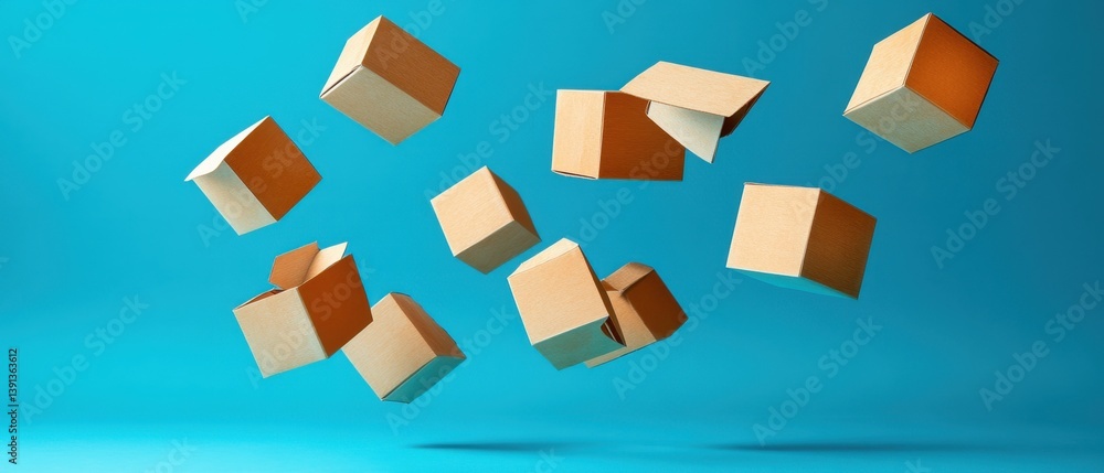 Poster dynamic composition of floating cardboard boxes against a vibrant turquoise backdrop conveying logis
