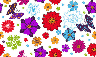 Vector colorful seamless floral pattern. Floral organic background with butterflies and flowers on a transparent background. For textile, wallpaper and packaging