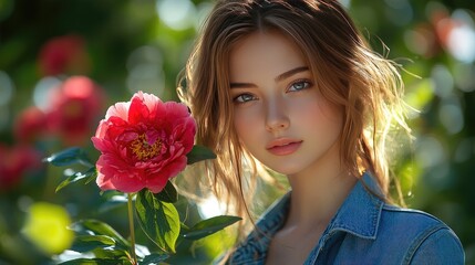 Naklejka premium A red peony on denim jacket with bamboo leaves, symbolizing youth vitality and natural harmony.