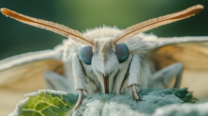 Obraz premium A macro shot of a moth resting on a leaf, showing its detailed antennae and soft fuzzy body.