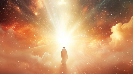Fototapeta premium Celestial Ascension - Man Walking Towards Divine Light
