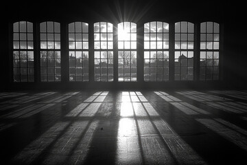 A black-and-white image of large windows casting long shadows on the floor, with sunlight illuminating the scene.