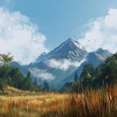 Fototapeta premium Landscape with mountain, grass, trees, and clouds. Nature concept. Colored flat vector illustration isolated.