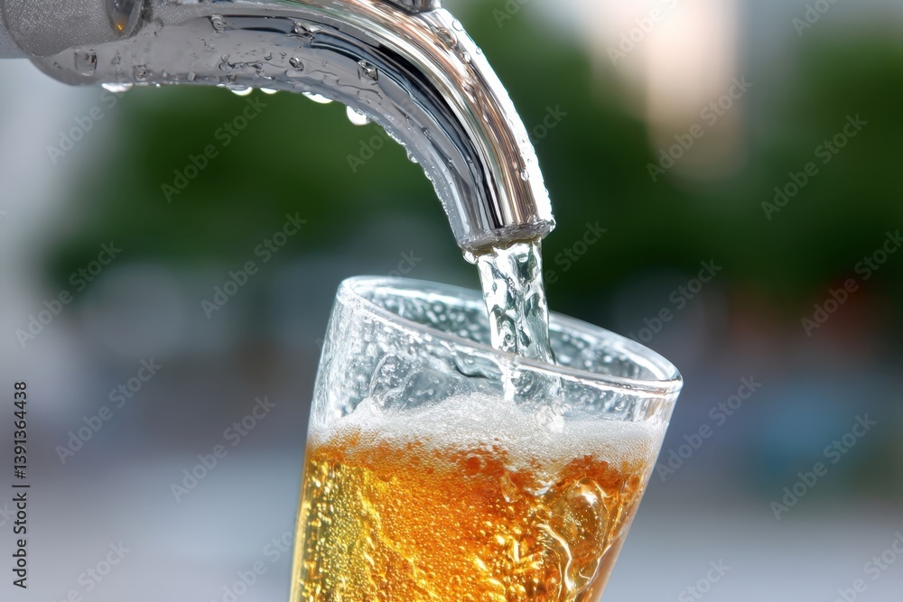 Poster refreshing golden beer pouring from chrome tap into glass creating foam and bubbles in bright light 