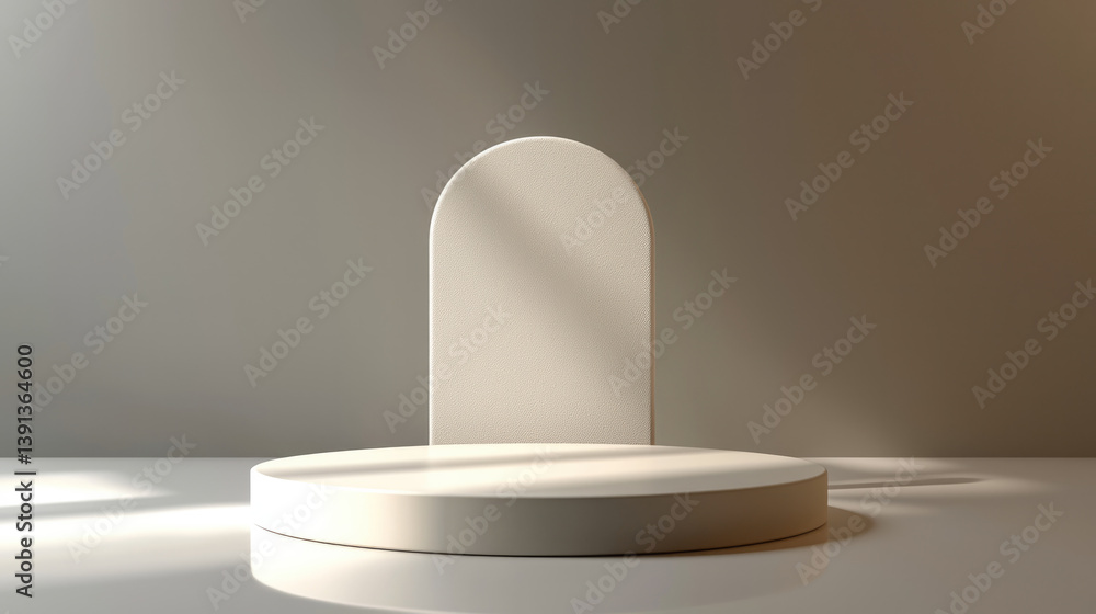 Poster neutral beige podium with rounded backrest is elegantly displayed against soft, light background. mi