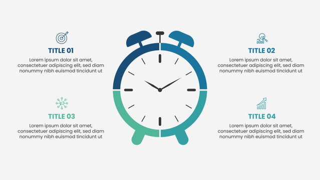 Creative infographic template with 4 options. Modern business presentation with clock illustration.