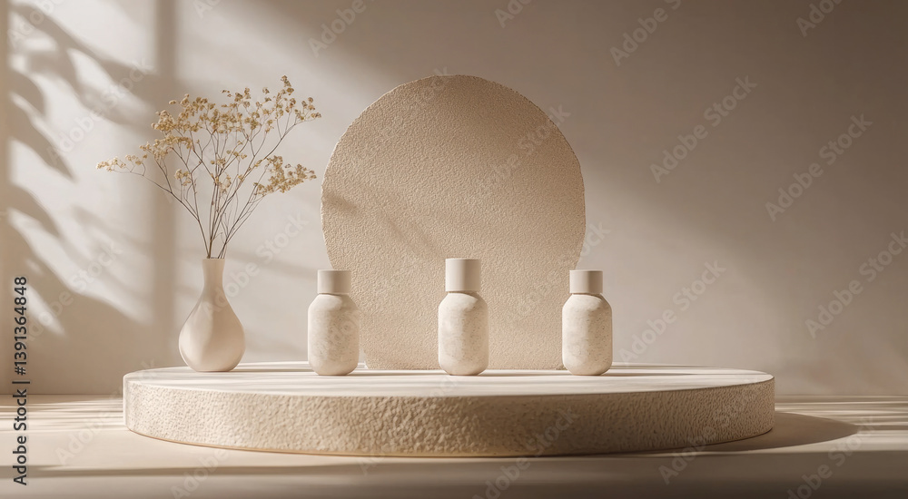 Aufkleber serene display featuring three textured bottles on neutral beige podium, complemented by simple vase
