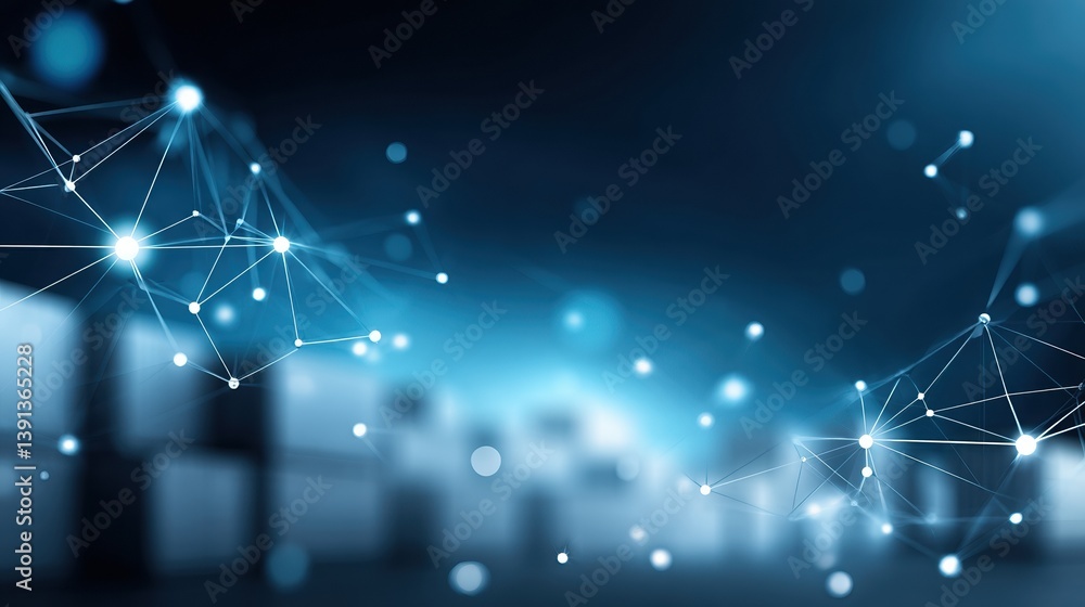Poster a futuristic digital network with glowing nodes and connecting lines against a blue background, repr
